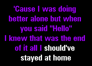 'Cause I was doing
better alone but when
you said Hello

I knew that was the end
of it all I should've
stayed at home