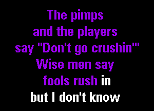 The pimps
and the players
say Don't go crushin'

Wise men say
fools rush in
but I don't know