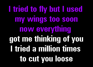 I tried to fly but I used
my wings too soon
now everything
got me thinking of you
I tried a million times
to cut you loose