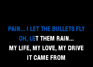 PAIN... I LET THE BULLETS FLY
0H, LET THEM RAIN...
MY LIFE, MY LOVE, MY DRIVE
IT CAME FROM