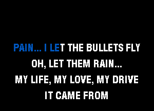 PAIN... I LET THE BULLETS FLY
0H, LET THEM RAIN...
MY LIFE, MY LOVE, MY DRIVE
IT CAME FROM