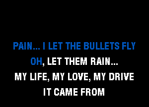 PAIN... I LET THE BULLETS FLY
0H, LET THEM RAIN...
MY LIFE, MY LOVE, MY DRIVE
IT CAME FROM