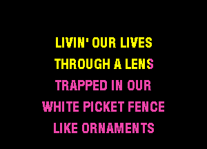 LIVIH' OUR LIVES

THBOUGHALENS

TRAPPED IN OUR
WHITE PICKET FENCE

LIKE ORNAMENTS l