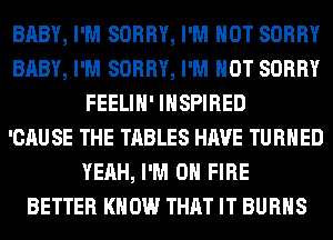 BABY, I'M SORRY, I'M NOT SORRY
BABY, I'M SORRY, I'M NOT SORRY
FEELIH' INSPIRED
'CAUSE THE TABLES HAVE TURNED
YEAH, I'M ON FIRE
BETTER KNOW THAT IT BURNS