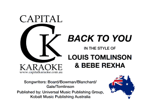 CAPITAL

BACK TO YOU
IN IHE SIYLEOF
LOUIS TOMLINSON
KARAOKE 8 BEBE REXHA

.

Somwilsm BeeMIBowmnnlBImchardf M
Galpno'rllnzm
PII-Jlth nyr Urumrsql Misc Punishing Gmup. b . '

Kubalt Muv'c PuUiehiIIu huslnala I