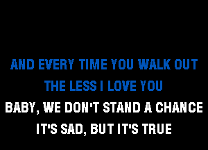 AND EVERY TIME YOU WALK OUT
THE LESS I LOVE YOU
BABY, WE DON'T STAND A CHANCE
IT'S SAD, BUT IT'S TRUE