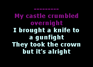 My castle cru m bled
overnight
I brought a knife to
a gunfight
They took the crown
but it's alright

g