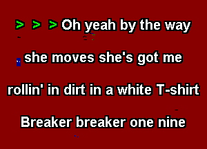 Oh yeah by the way

.. she moves she's got me
rollin' in dirt in a white T-shirt

Breaker breaker one nine