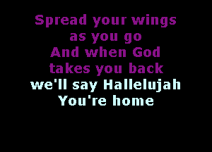 Spread your wings
as you go
And when God
takes you back

we'll say Hallelujah
You're home