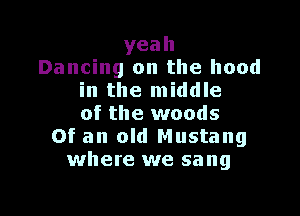 yeah
Dancing on the hood
in the middle

of the woods
Of an old Mustang
where we sang