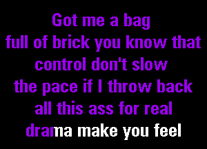 Got me a bag
full of brick you know that
control don't slow
the pace if I throw back
all this ass for real
drama make you feel