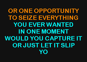 0R ONEOPPORTUNITY
T0 SEIZE EVERYTHING
YOU EVER WANTED
IN ONEMOMENT
WOULD YOU CAPTURE IT

OR JUST LET IT SLIP
Y0