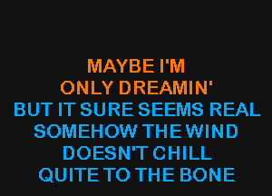 MAYBE I'M
ONLY DREAMIN'

BUT IT SURE SEEMS REAL
SOMEHOW THEWIND
DOESN'TCHILL
QUITE TO THE BONE