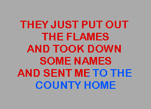 THEYJUST PUT OUT
THE FLAMES
AND TOOK DOWN
SOME NAMES
AND SENT ME TO THE
COUNTY HOME