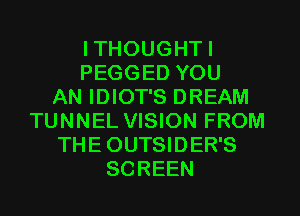 I THOUGHT I
PEGGED YOU
AN IDIOT'S DREAM
TUNNEL VISION FROM
THE OUTSIDER'S
SCREEN
