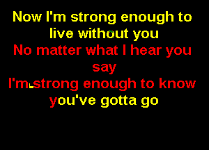 Now I'm strong enough to
live without you
No matter what I hear you
say
l'mstrong enough to know
you've gotta go