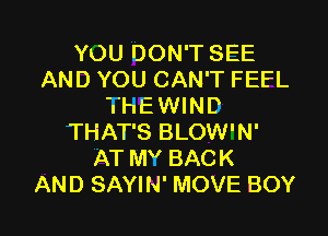 YOU DON'T SEE
AND YOU CAN'T FEEL
THEWIND
THAT'S BLOW'N'
AT MY BACK
AND SAYIN' MOVE BOY