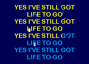 YES I'VE STILL GOT
LIFE T0001

YES I'VE STILL GOT
lulFE TOGO

YES I'VE STILL GO'T
LIEE TO GO

YES I'VE STILL GOT
LIFE TO GO l