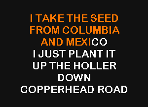 ITAKETHESEED
FROM COLUMBIA
AND MEXICO
IJUST PLANT IT
UPTHE HOLLER
DOWN
COPPERHEAD ROAD