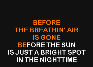 BEFORE
THE BREATHIN' AIR
IS GONE
BEFORETHESUN
IS JUST A BRIGHT SPOT
IN THE NIGHTI'IME