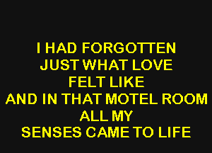 I HAD FORGOTTEN
JUST WHAT LOVE
FELT LIKE
AND IN THAT MOTEL ROOM

ALL MY
SENSES CAMETO LIFE