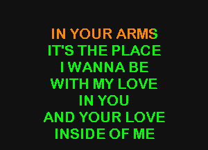 D

IN YOUR ARMS

IT'S THE PLACE
IWANNA BE

WITH MY LOVE
IN YOU
AND YOUR LOVE
INSIDEOF ME