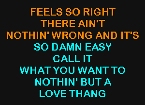 FEELS SO RIGHT
THERE AIN'T
NOTHIN'WRONG AND IT'S
SO DAMN EASY
CALL IT
WHAT YOU WANT TO
NOTHIN' BUTA
LOVE THANG