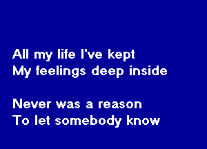 All my life I've kept
My feelings deep inside

Never was a reason
To let somebody know