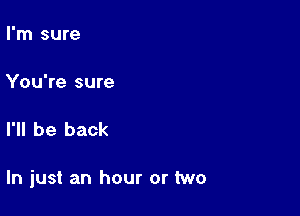 I'm sure

You're sure

I'll be back

In just an hour or two