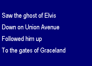 Saw the ghost of Elvis
Down on Union Avenue

Followed him up

To the gates of Graceland