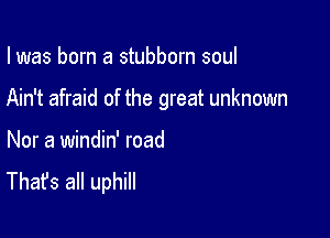 I was born a stubborn soul

Ain't afraid of the great unknown

Nor a windin' road
That's all uphill