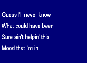 Guess I'll never know

What could have been

Sure ain't helpin' this
Mood that I'm in