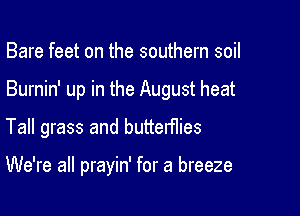 Bare feet on the southern soil

Burnin' up in the August heat

Tall grass and buttermes

We're all prayin' for a breeze
