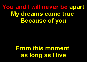 You and I will never be apart
My dreams came true
Because of you

From this moment
as long as I live