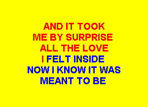 AND IT TOOK
ME BY SURPRISE
ALL THE LOVE
I FELT INSIDE
NOW I KNOW IT WAS
MEANT TO BE