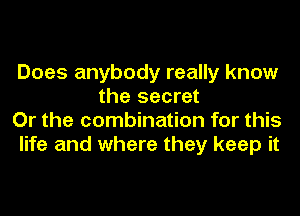 Does anybody really know
the secret

Or the combination for this

life and where they keep it