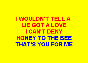 I WOULDN'T TELL A
LIE GOT A LOVE
I CAN'T DENY
HONEY TO THE BEE
THAT'S YOU FOR ME