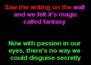 Saw the writing on the wall
and we felt it's magic
called fantasy

Now with passion in our
eyes, there's no way we
could disguise secretly