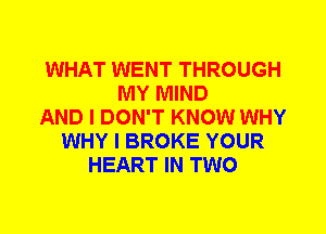 WHAT WENT THROUGH
MY MIND
AND I DON'T KNOW WHY
WHY I BROKE YOUR
HEART IN TWO