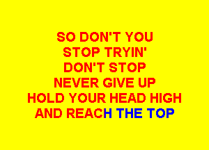 SO DON'T YOU
STOP TRYIN'
DON'T STOP

NEVER GIVE UP

HOLD YOUR HEAD HIGH
AND REACH THE TOP