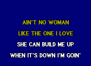 AIN'T N0 WOMAN

LIKE THE ONE I LOVE
SHE CAN BUILD ME UP
WHEN IT'S DOWN I'M GOIN'