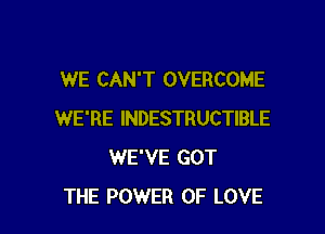 WE CAN'T OVERCOME

WE'RE INDESTRUCTIBLE
WE'VE GOT
THE POWER OF LOVE