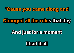 'Cause you came along and

Changed all the rules that day

And just for a moment

I had it all