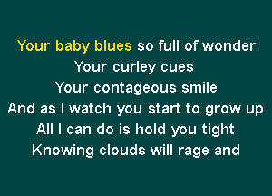 Your baby blues so full of wonder
Your curley cues
Your contageous smile
And as I watch you start to grow up
All I can do is hold you tight
Knowing clouds will rage and