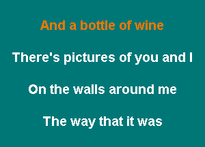 And a bottle of wine

There's pictures of you and I

On the walls around me

The way that it was