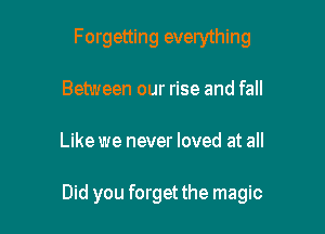 Forgetting everything
Between our rise and fall

Like we never loved at all

Did you forget the magic