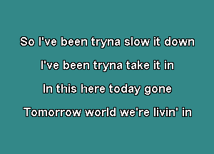 So I've been tryna slow it down

I've been tryna take it in

In this here today gone

Tomorrow world we're livin' in