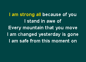 I am strong all because of you
I stand in awe of
Every mountain that you move
I am changed yesterday is gone
I am safe from this moment on