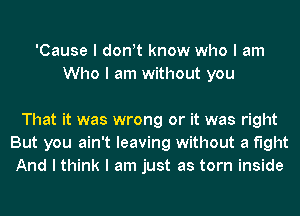 'Cause I donIt know who I am
Who I am without you

That it was wrong or it was right
But you ain't leaving without a fight
And I think I am just as torn inside