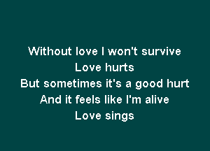 Without love I won't survive
Love hurts

But sometimes it's a good hurt
And it feels like I'm alive
Love sings